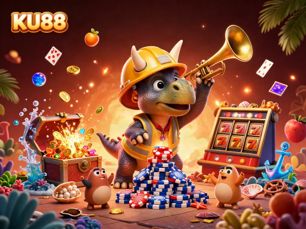 Bet on fun with KU88 as cartoon dinosaurs celebrate jackpot wins at a colorful casino scene.