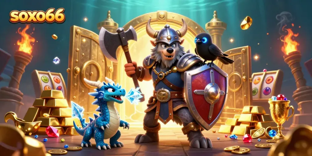 Experience the excitement of soxo66 with a vibrant casino scene featuring a Viking wolf warrior and treasures.
