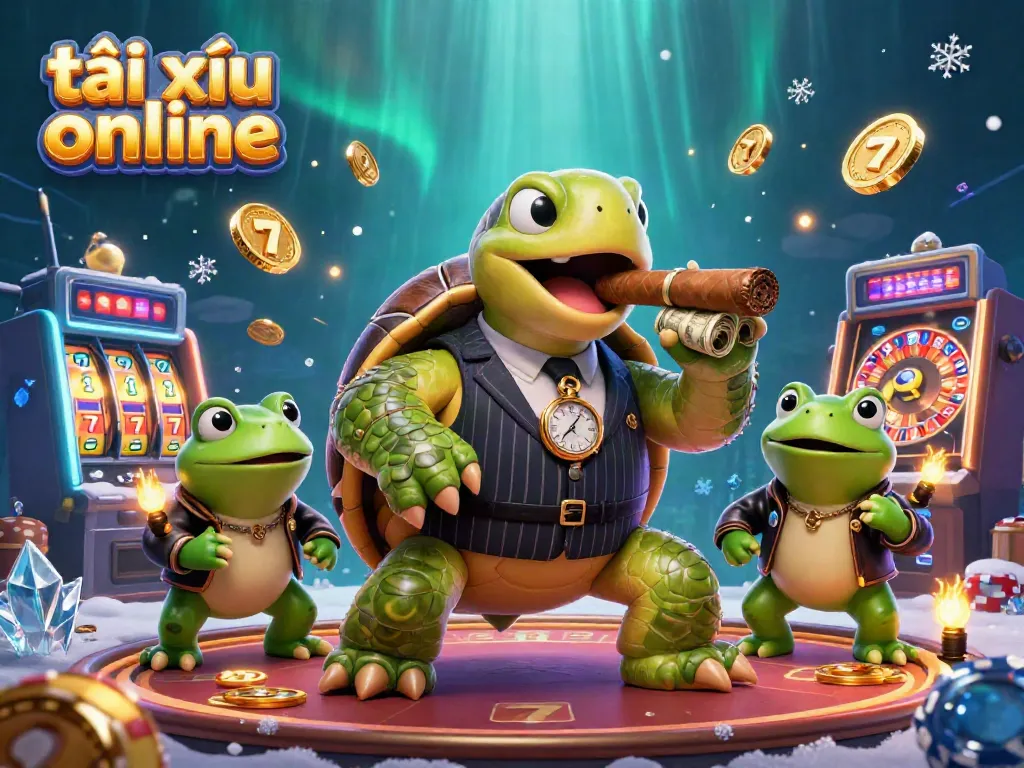 Experience the thrill of tài xỉu online with a dynamic scene featuring a mobster turtle and frog enforcers amidst casino elements.