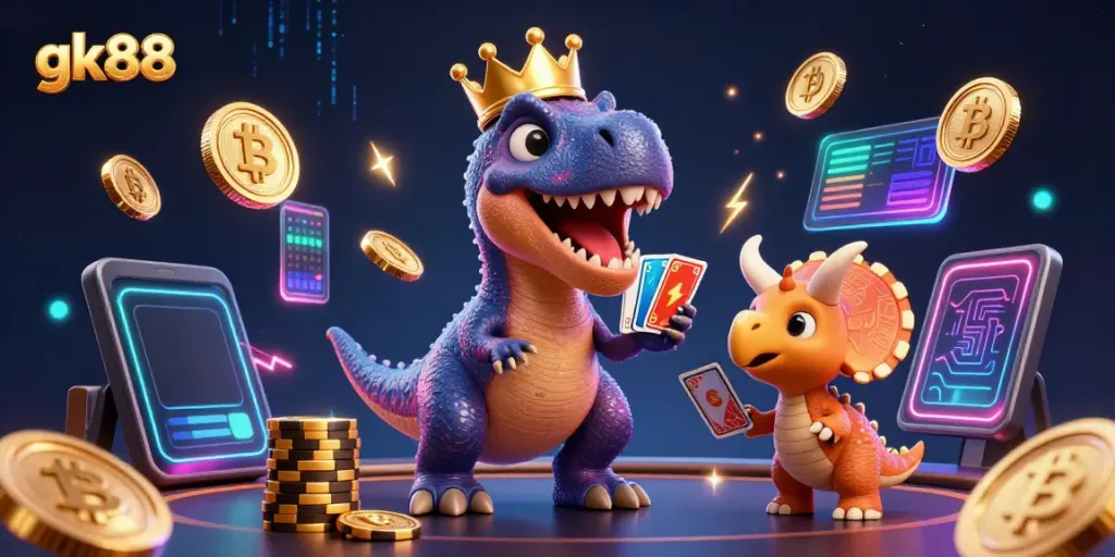 gk88 casino illustration with dinosaurs playing cards and stacking chips amidst glowing crypto coins
