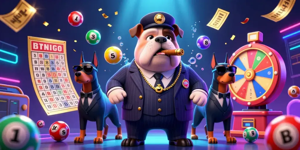 Ilustrasi 3D agen toto dengan karakter bulldog bos mafia di tengah bersamaan dengan bola lotere berwarna-warni.