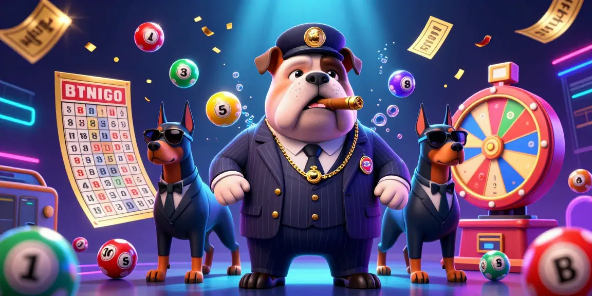 Ilustrasi 3D agen toto dengan karakter bulldog bos mafia di tengah bersamaan dengan bola lotere berwarna-warni.