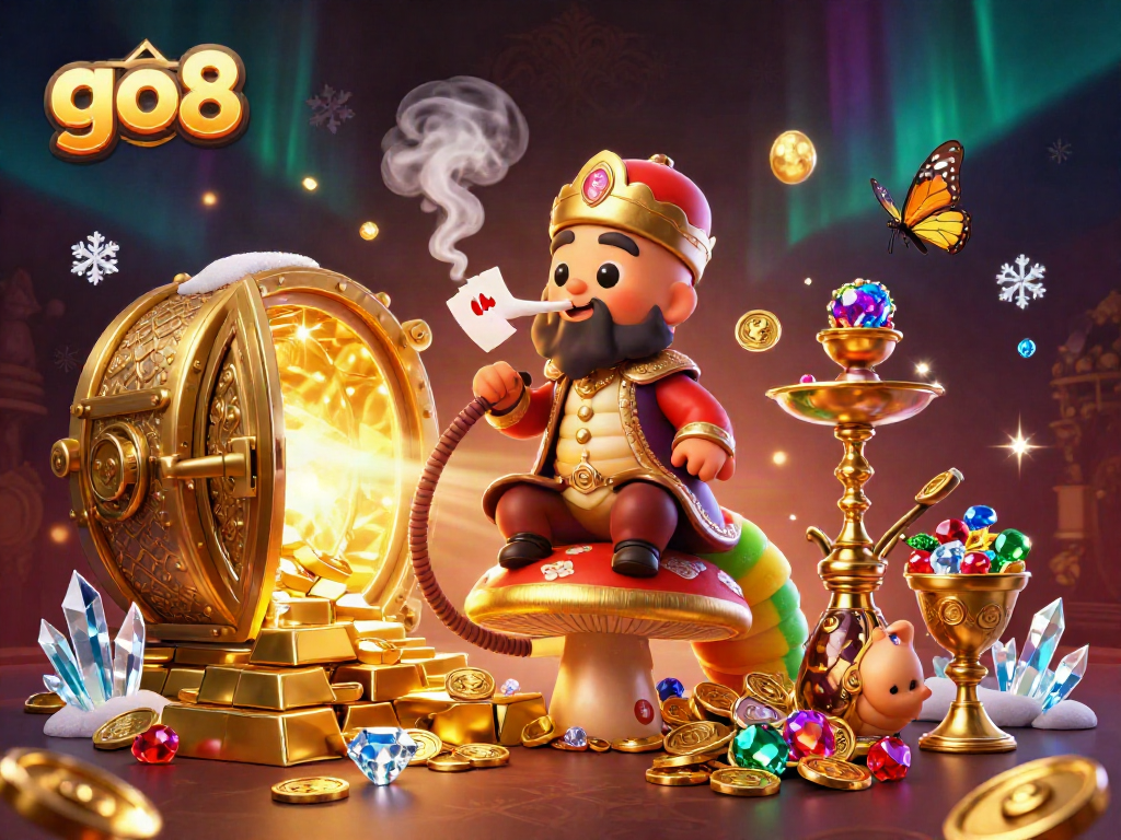 Engage with the vibrant go8 gaming universe, featuring a 3D caterpillar hookah-master in a casino environment.