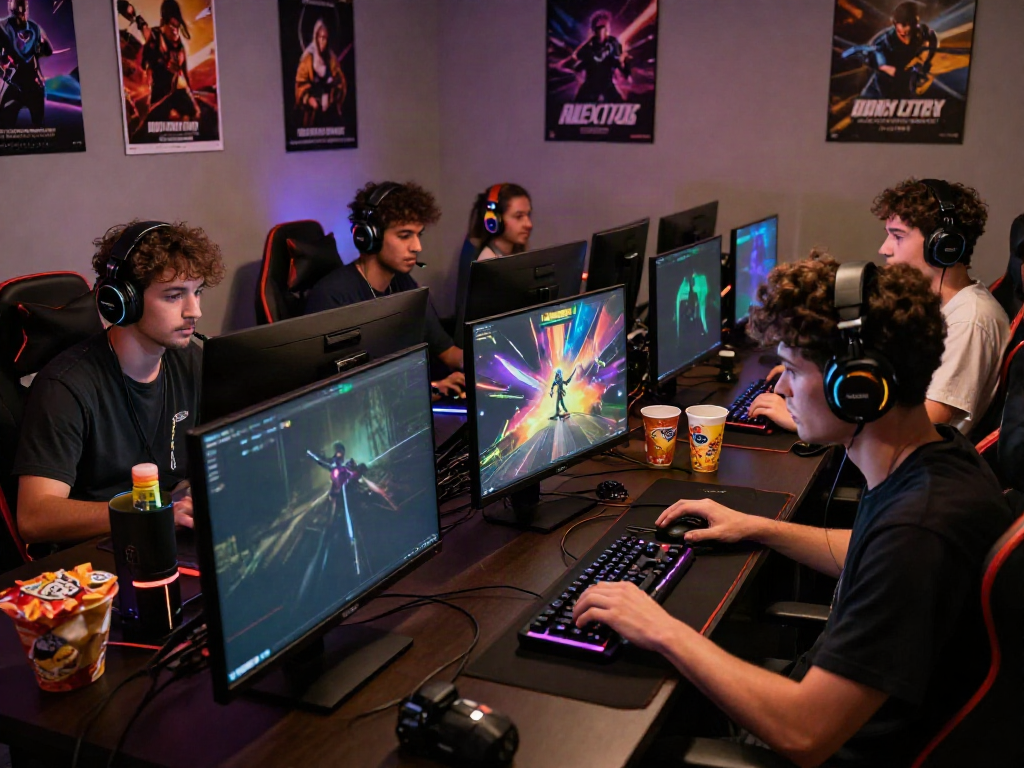 Kilat404 gamers intensely focused on gameplay in a vibrant gaming room with colorful decorations.