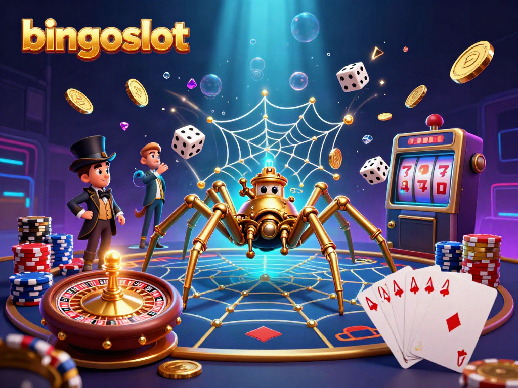 Gambarkan keseruan dalam bingoslot dengan laba-laba emas steampunk yang menjerat dadu malang dan harta karun kasino