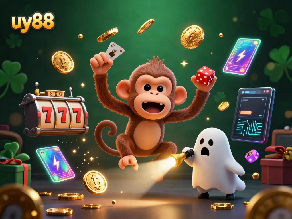 Engage with uy88's captivating gaming experience featuring a mischievous monkey juggling casino treasures while a curious puppy tracks it with a flashlight.