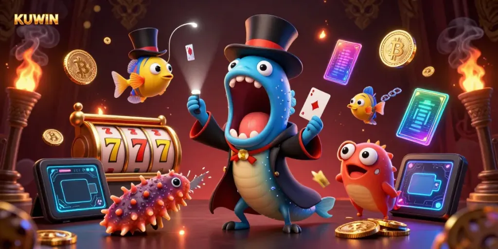 KUWIN features a magical underwater scene with a gulper eel magician and casino elements like slot reels.