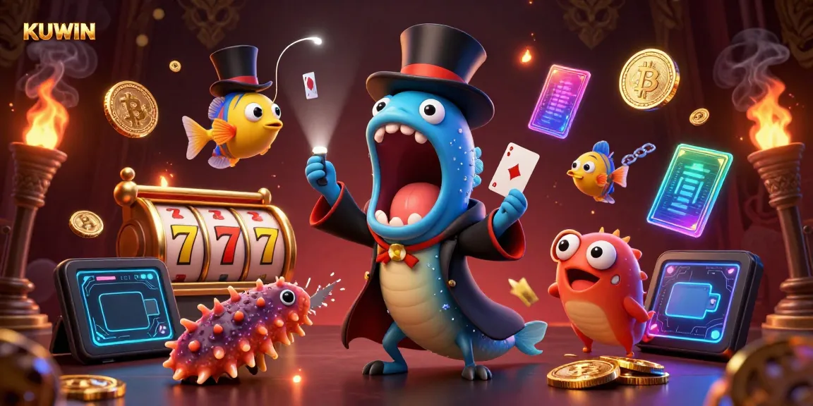 KUWIN features a magical underwater scene with a gulper eel magician and casino elements like slot reels.