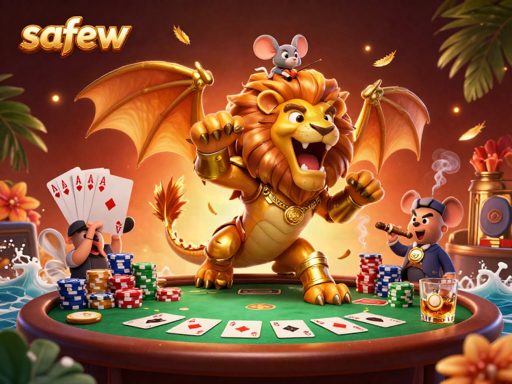 Engage with safew in thrilling poker gameplay, featuring an epic chimera and chip towers.