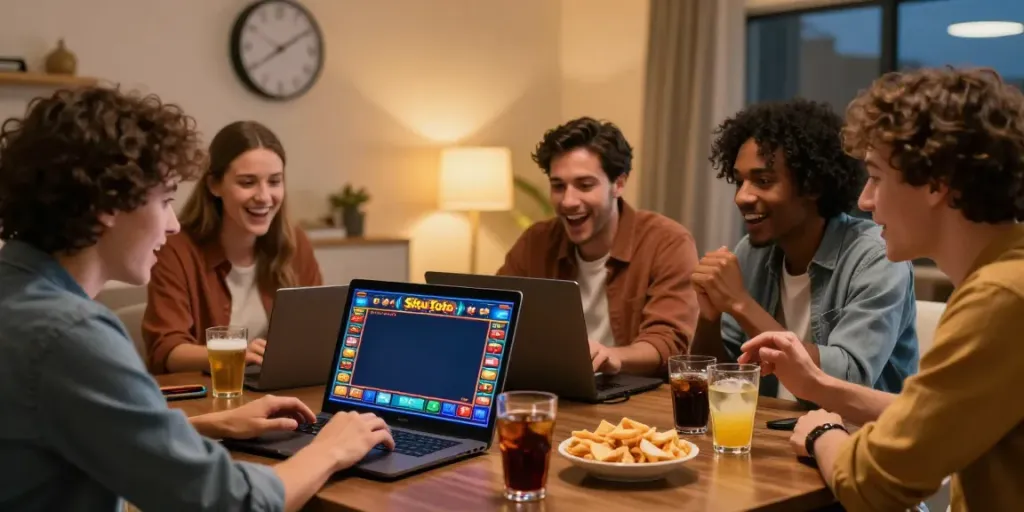 Kelompok teman sedang menikmati permainan Situs Toto bersama di laptop dengan suasana yang ceria.