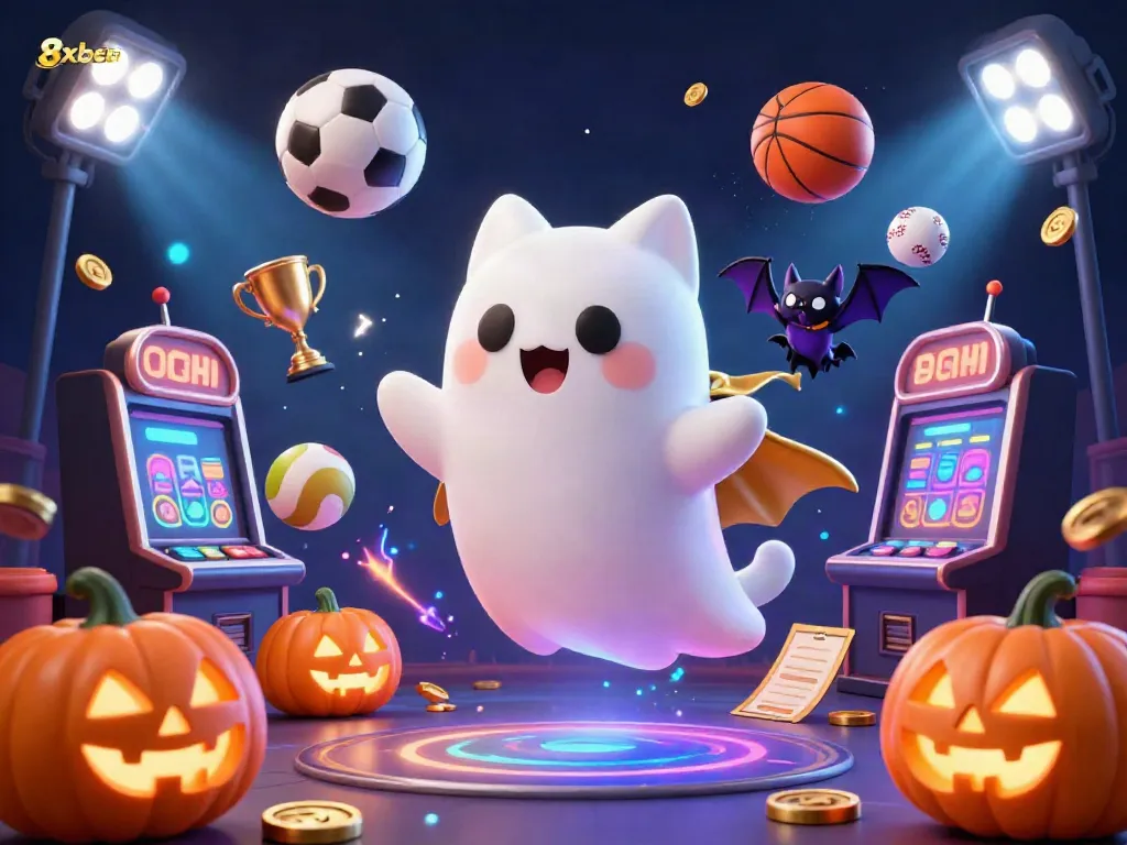 Engage with 8xbet tải, a vibrant gaming scene featuring a ghost cat and bat in a haunted casino.