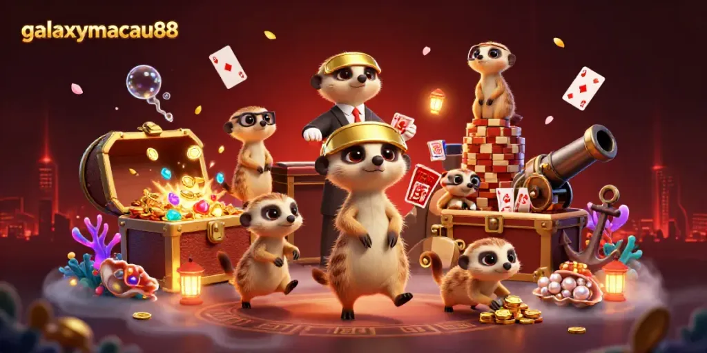 Meerkat crew running a vibrant casino scene at galaxymacau88, showcasing treasure and games.