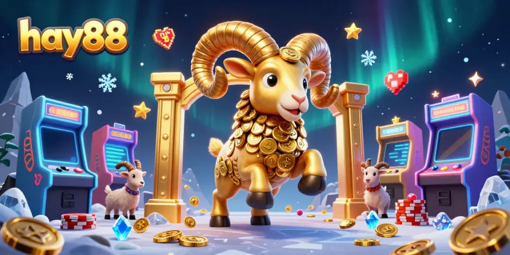 Experience hay88's dynamic gaming vibe with a golden ram charging through an arcade-inspired casino.