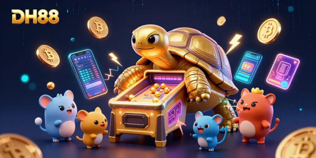 Experience thrilling gameplay with DH88 featuring a colossal golden tortoise pinball machine and vibrant crypto elements.