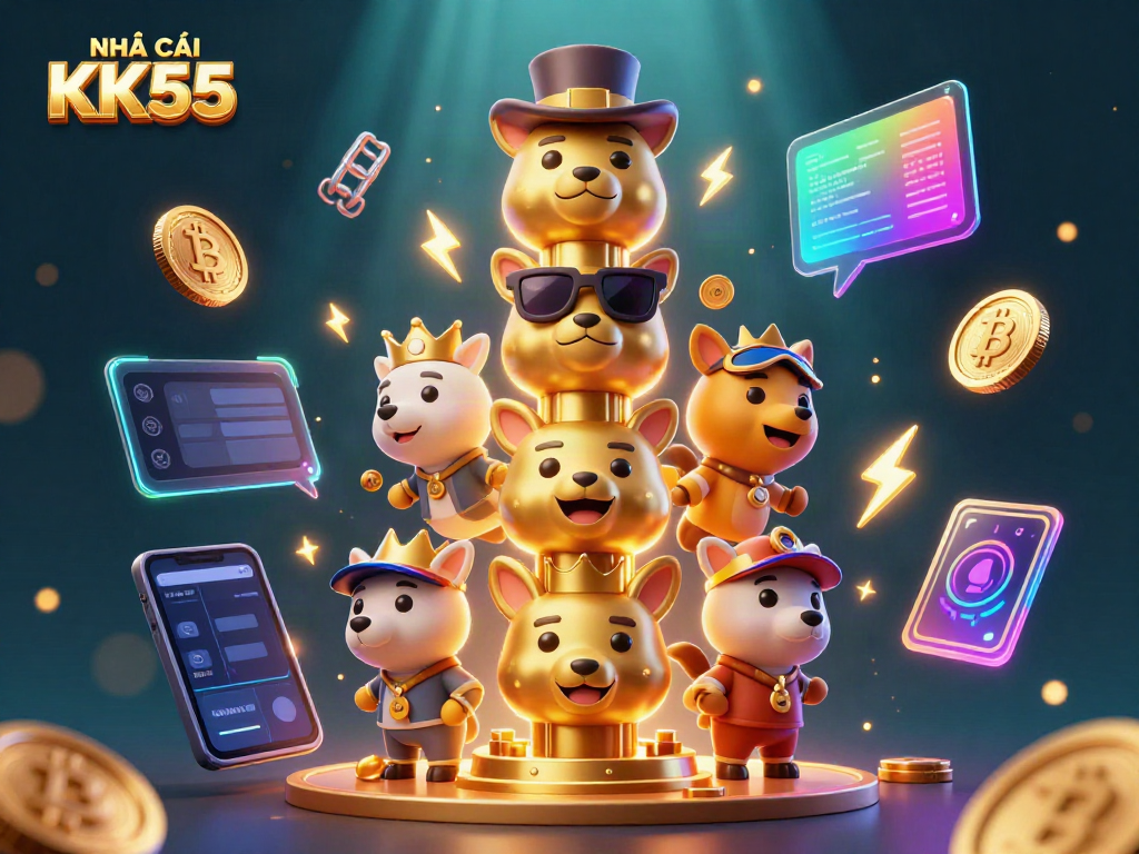 Engage with NHÀ CÁI KK55 through a colorful 3D casino scene featuring a golden totem pole and digital game elements.