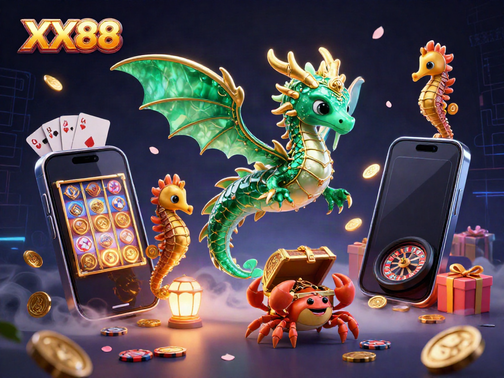 Engage in thrilling gameplay with XX88, featuring a vibrant slot game experience and iconic sea dragon.