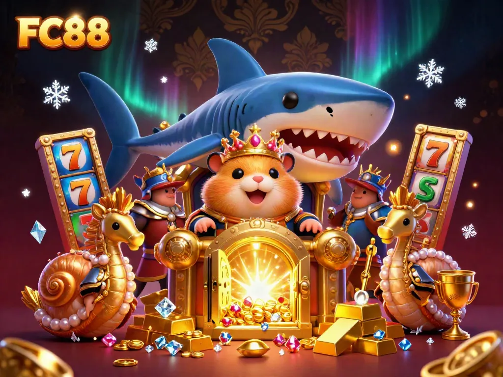 Experience thrilling games at FC88 with a golden hamster king surrounded by treasures and vibrant casino elements.