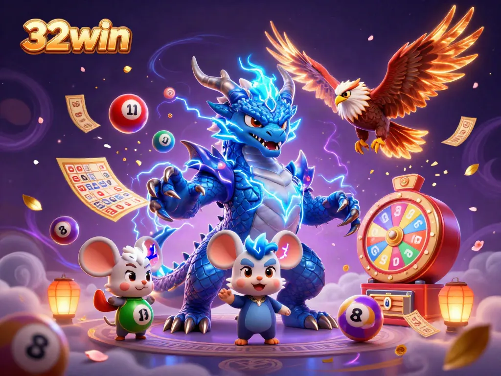 Experience thrilling wins with 32win's vibrant gaming scene featuring dynamic illustrations and exciting elements.