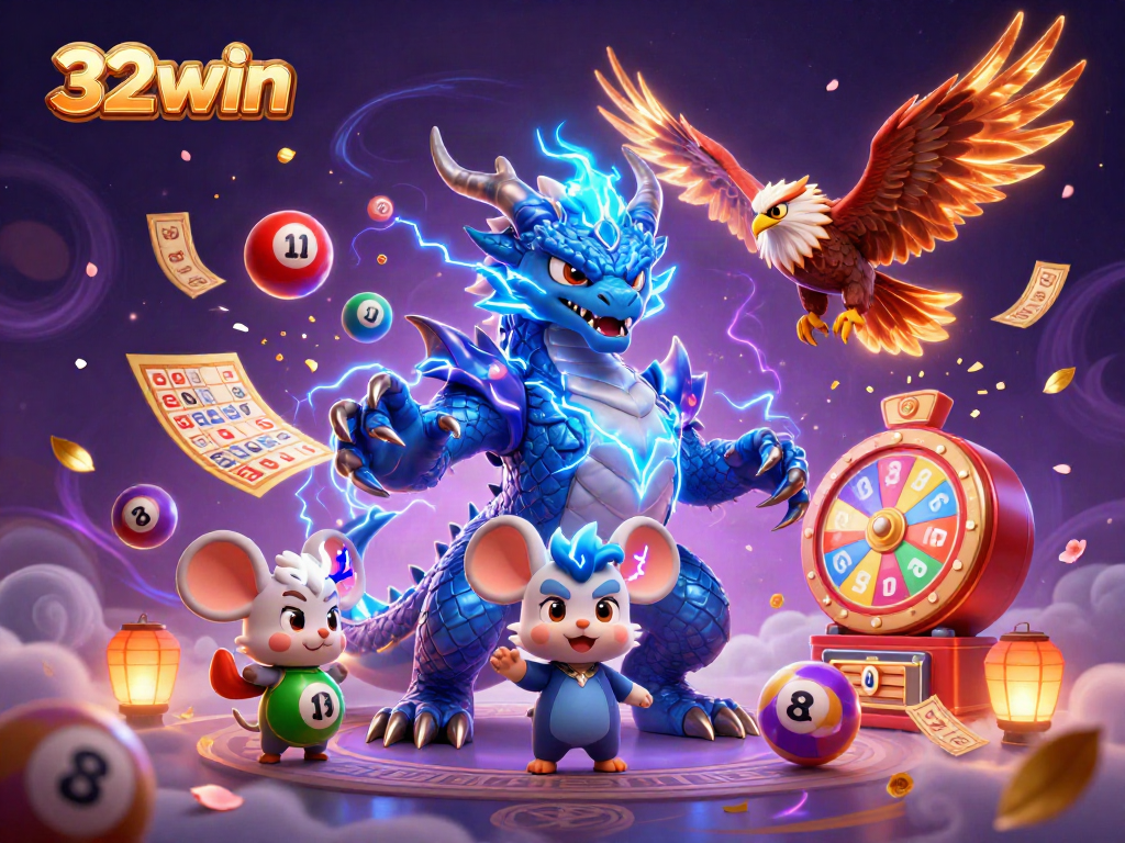 Experience thrilling wins with 32win's vibrant gaming scene featuring dynamic illustrations and exciting elements.