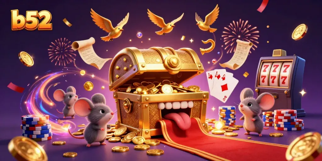 Experience thrilling gameplay with b52, featuring a treasure chest and dynamic casino elements in action.