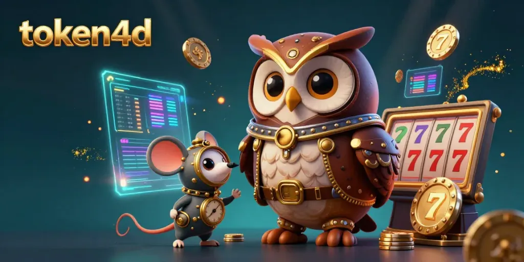 Visualisasi menarik permainan slot TOKEN4D dengan karakter burung hantu dan mouse bergear dalam suasana kasino.