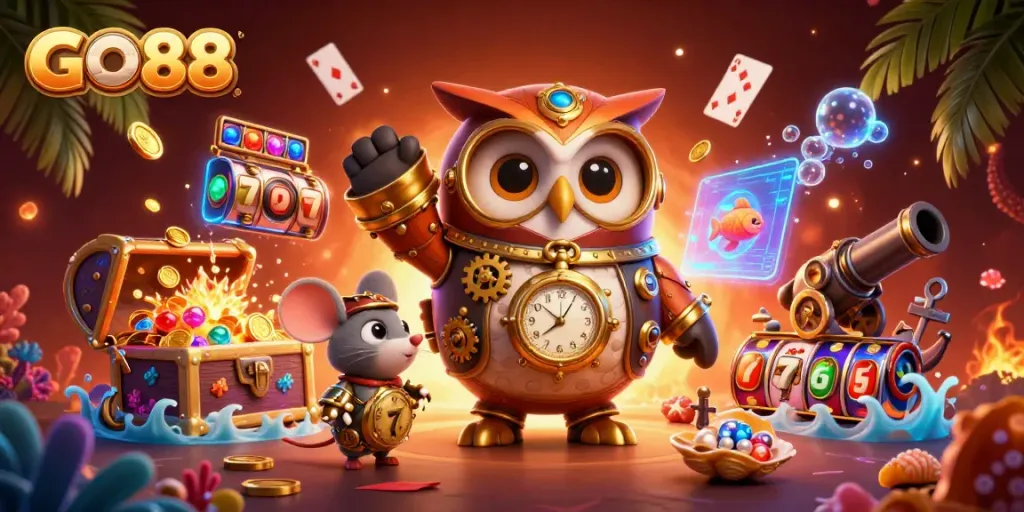 Spin and win at GO88 with an exciting 3D illustration of a time-traveler owl in a vibrant casino scene.