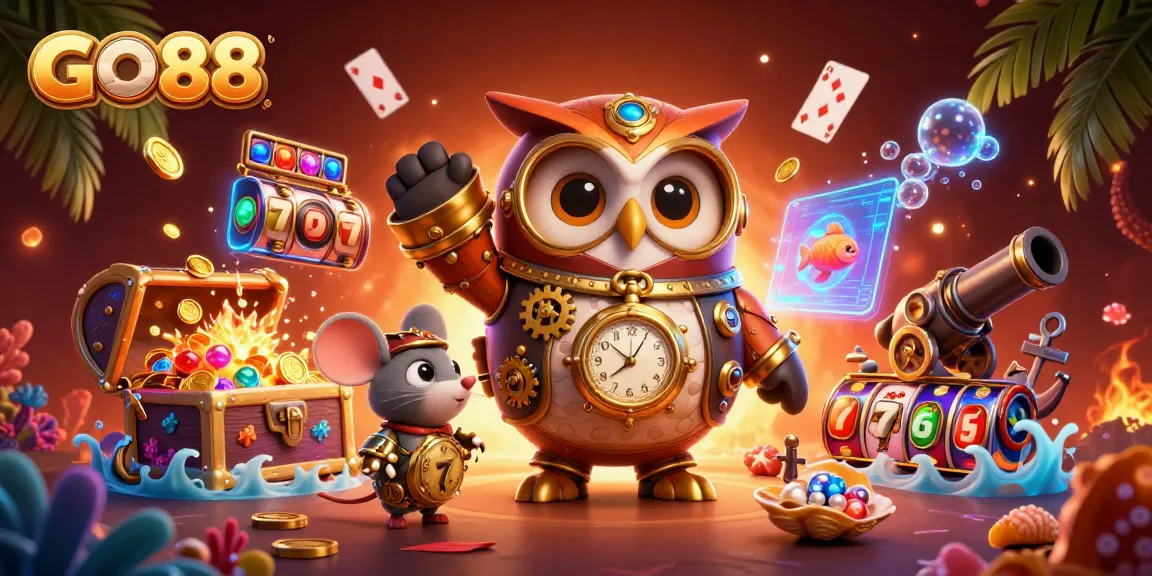 Spin and win at GO88 with an exciting 3D illustration of a time-traveler owl in a vibrant casino scene.