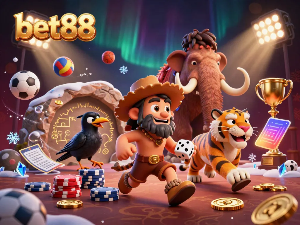 Experience an exciting gaming scene with bet88's lively prehistoric casino featuring a caveman duo, flying sports elements, and a crow keeping score.