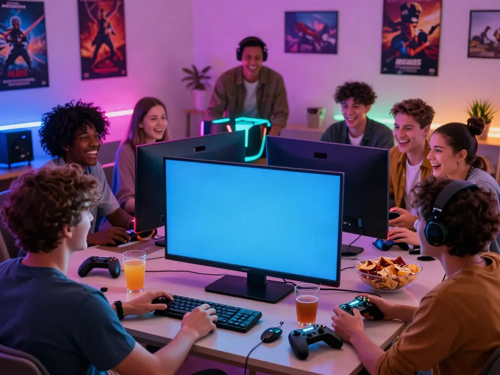 Kilat404 gaming night with friends enjoying multiplayer games in a cozy atmosphere.