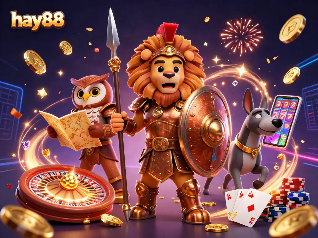 Experience the thrill of winning with hay88's vibrant casino scene featuring cheers and coins.