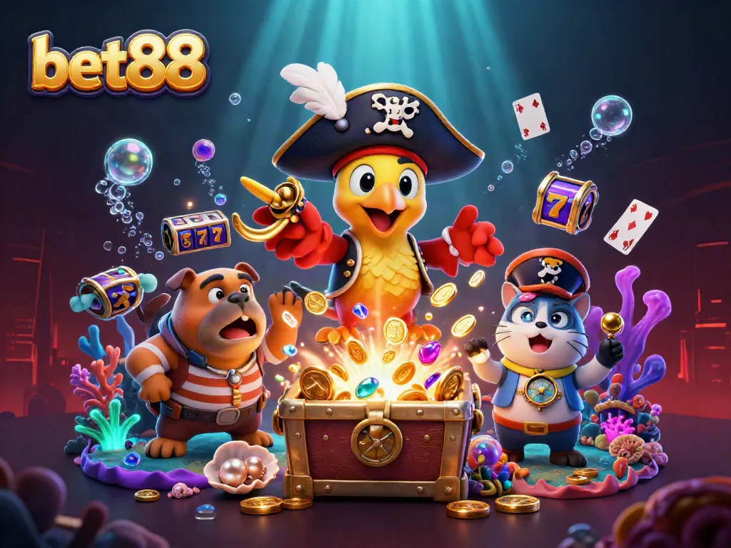 Experience the thrill of bet88 with a vibrant 3D casino illustration featuring pirate-themed characters and gambling symbols.