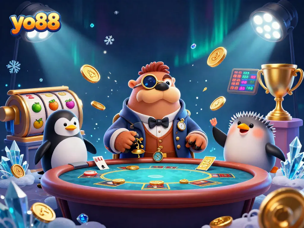 Engage with the thrilling yo88 slot action featuring a jovial walrus at an underwater poker table.