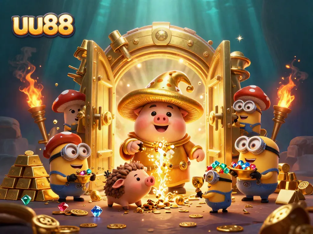 Experience the magical world of uu88 with a treasure-hunting mushroom wizard casting spells and surrounded by riches!