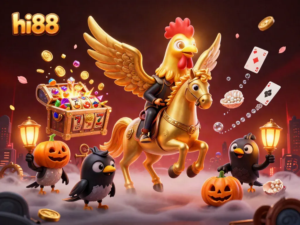 hi88 energizes players with a vibrant, illuminated casino scene featuring dynamic slot machine action and treasures.