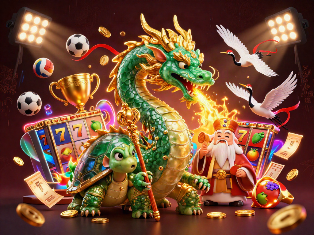 Experience exciting J77 gameplay with a jade dragon, turtle sage, and lucky cranes in a vibrant casino scene.