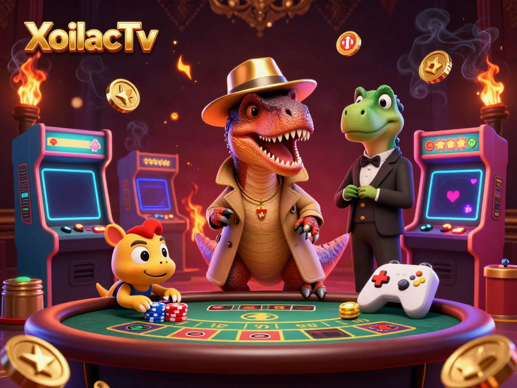 XoilacTv attracts players with its dynamic 3D casino scene featuring animated characters and vibrant game elements.
