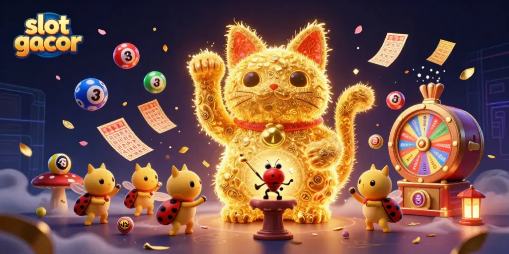 Experience the excitement of slot gacor with a dynamic scene featuring a lucky cat and vibrant casino symbols.