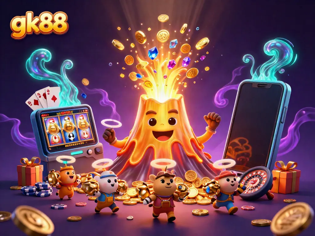 Experience exciting gaming adventures with gk88's golden volcano erupting treasure in this vibrant illustration.