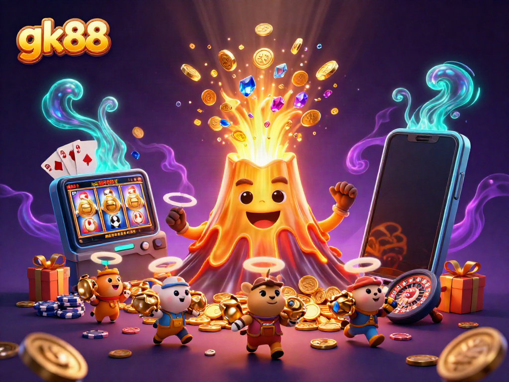 Experience exciting gaming adventures with gk88's golden volcano erupting treasure in this vibrant illustration.