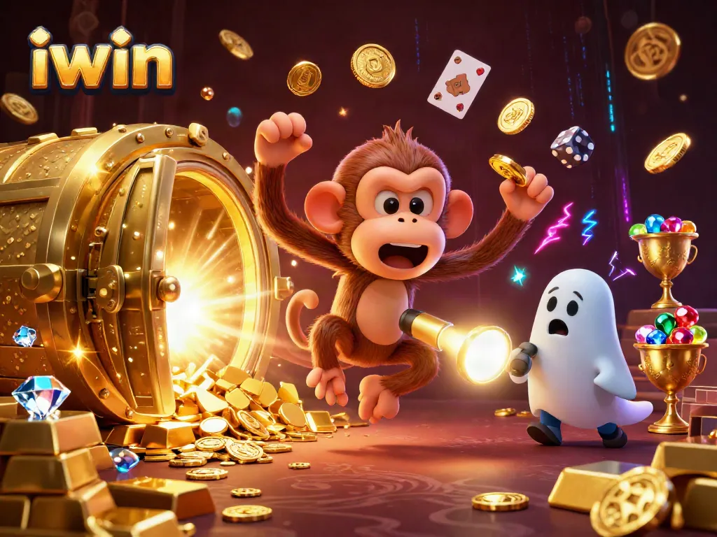 Experience the excitement of iwin with a playful poltergeist monkey juggling golden casino treasures.