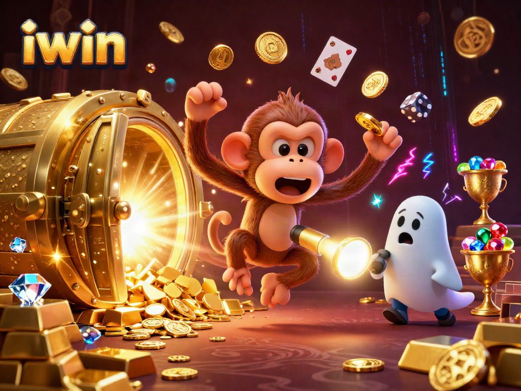 Experience the excitement of iwin with a playful poltergeist monkey juggling golden casino treasures.