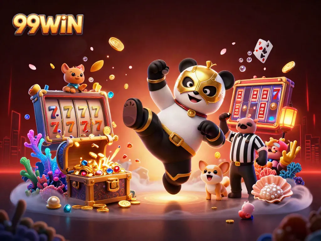 Experience thrilling gameplay with 99WIN's vibrant casino assets featuring a panda wrestler and animated elements.