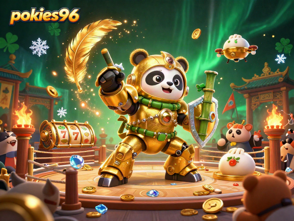Play pokies996 featuring a golden panda in a vibrant 3D casino arena surrounded by exciting game elements.