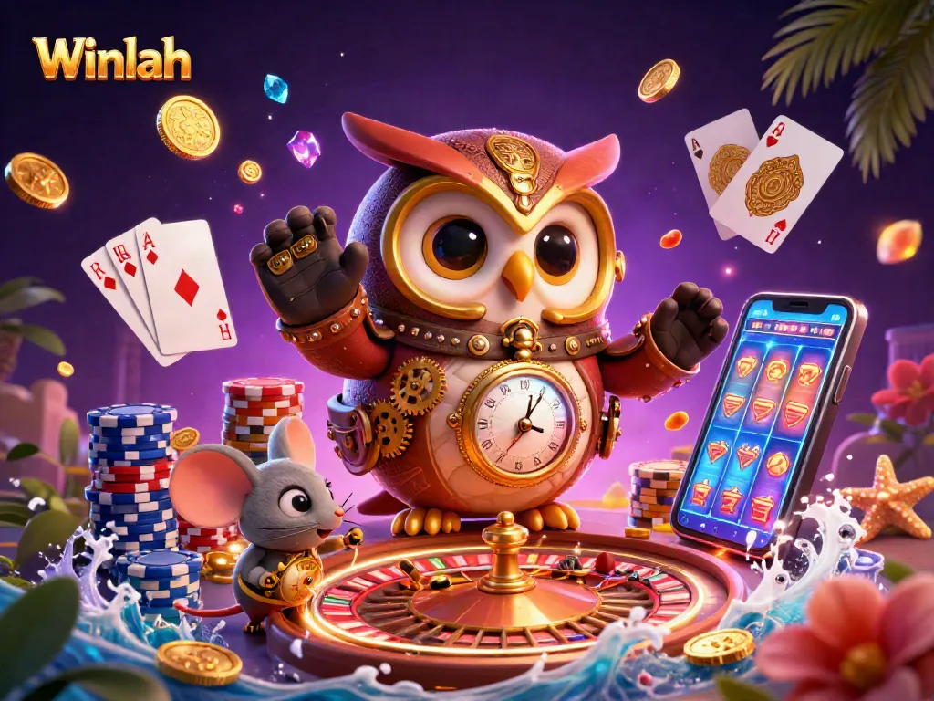 Winlah casino illustration showcasing vibrant gaming elements, such as a roulette wheel, colorful poker chips, and magical features.