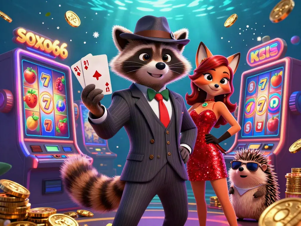 Soxo66 creates excitement with a suave raccoon and elegant fox in a vibrant casino scene.