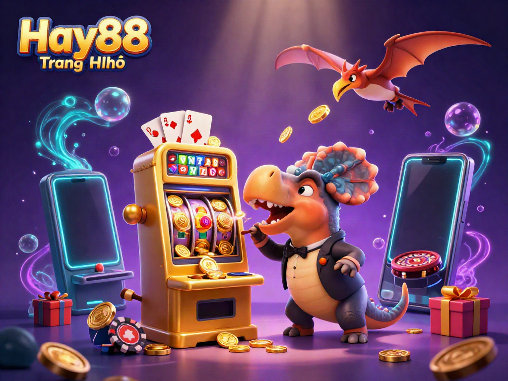 Hay88 Trang Chủ showcases a lively casino scene with vibrant gambling elements and animated dinosaurs.