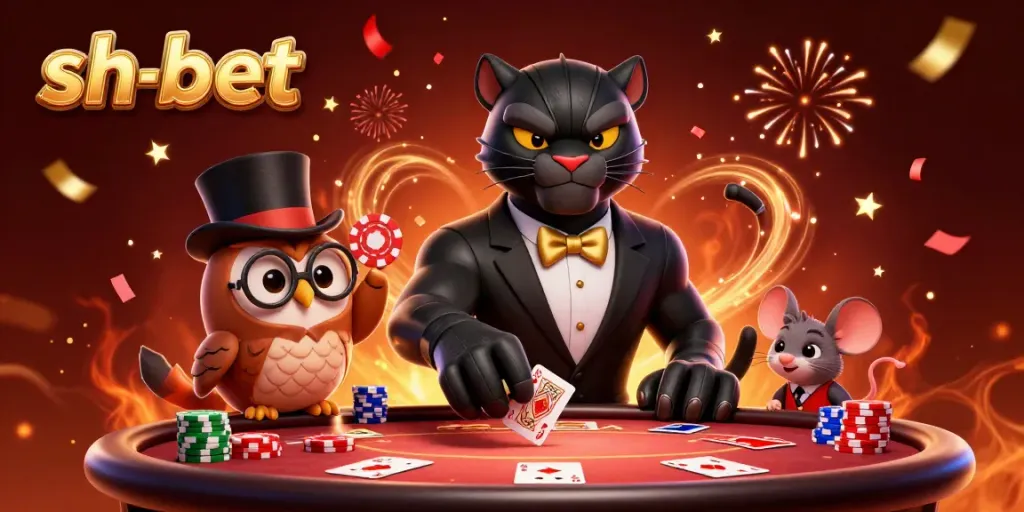 Experience thrilling poker action with sh-bet's delightful characters in an engaging casino illustration.