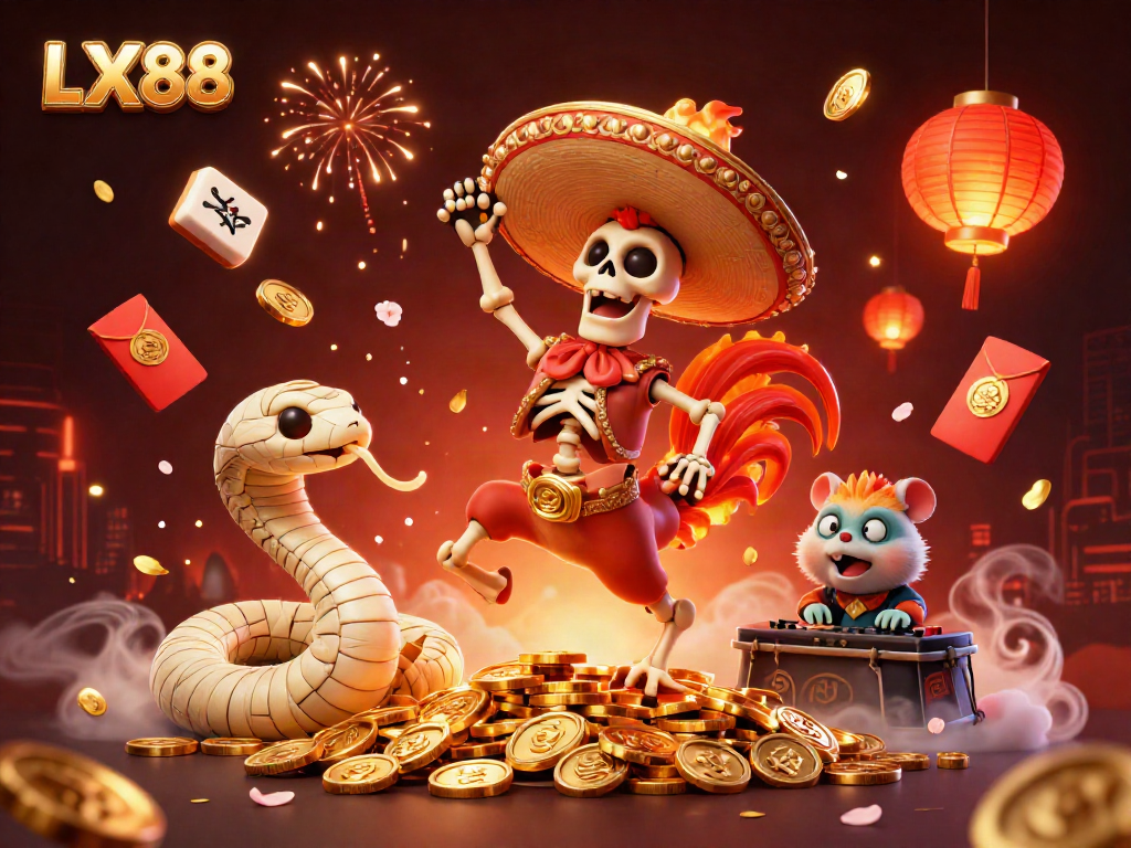 Experience excitement at LX88 with a vibrant 3D illustration of festive gaming elements celebrating a big win.