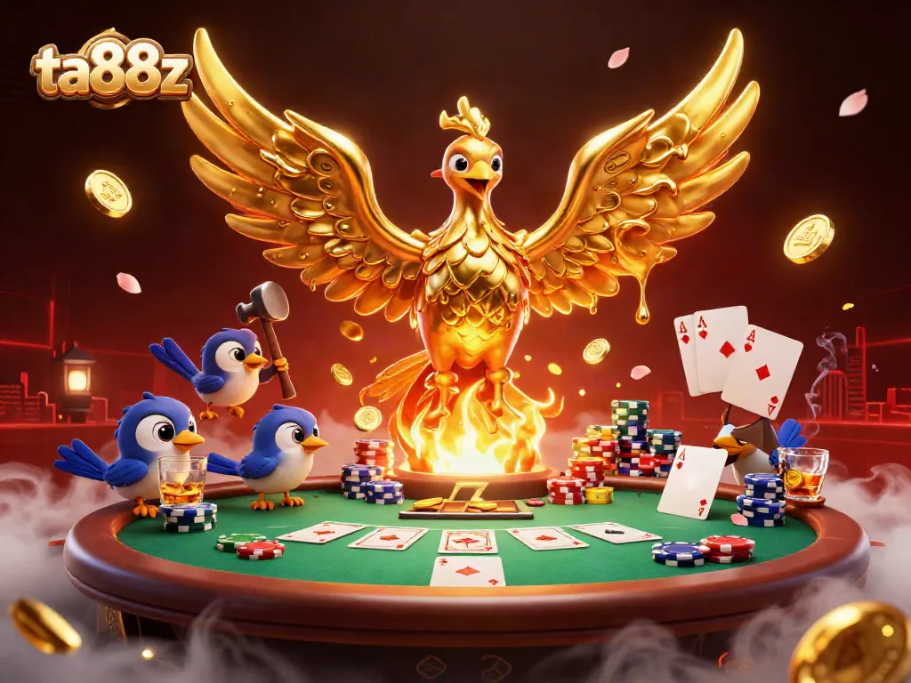 Experience ta88z with an immersive 3D casino adventure featuring a golden phoenix and poker excitement.