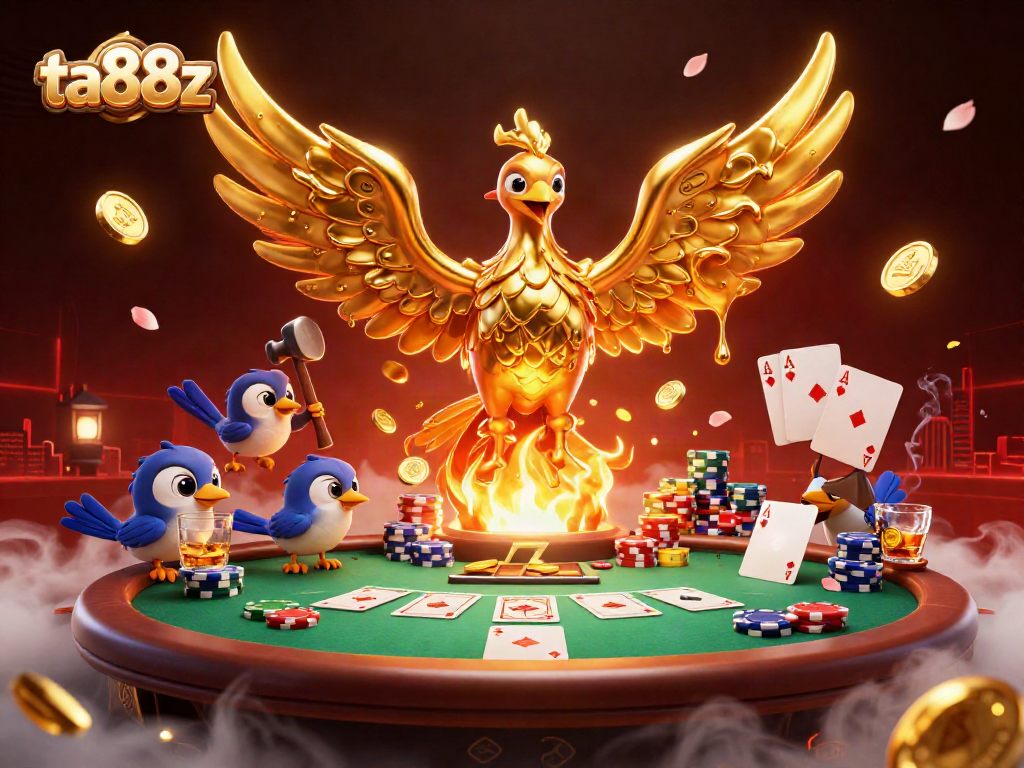 Experience ta88z with an immersive 3D casino adventure featuring a golden phoenix and poker excitement.